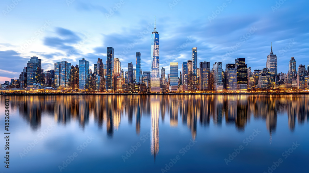 Fototapeta premium Manhattan skyline reflected on water at dusk peaceful cityscape glow