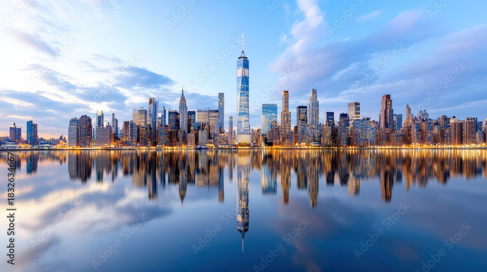 Fototapeta premium Manhattan skyline reflected on water at dusk with glowing city lights