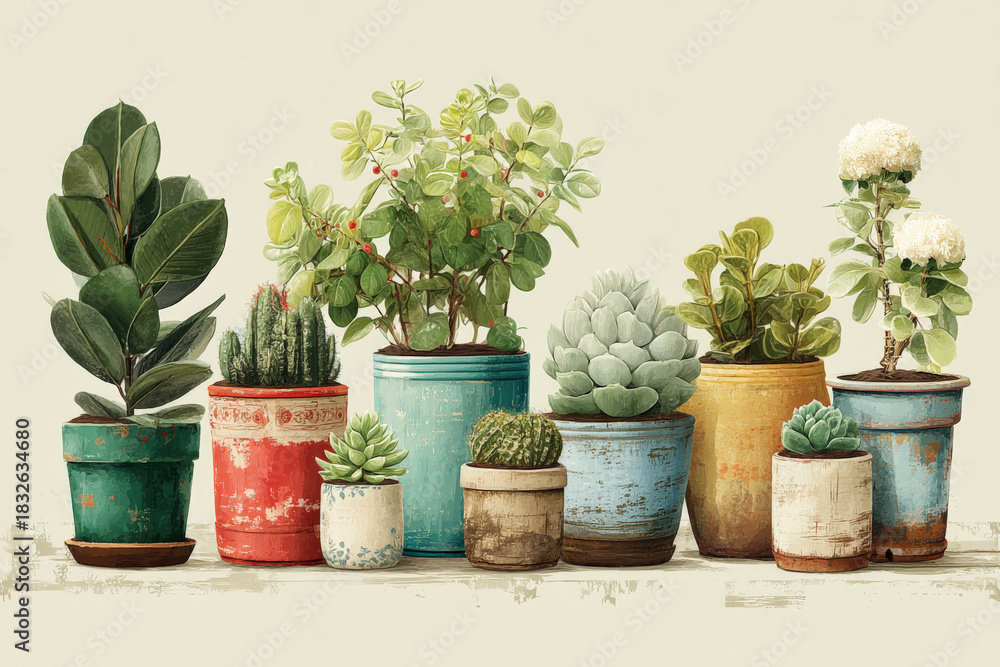 custom made wallpaper toronto digitalCollection of Potted Plants: Ficus Elastica, Cacti, Succulents, and Flowering Plant in Colorful Vintage Pots Against a Cream Background