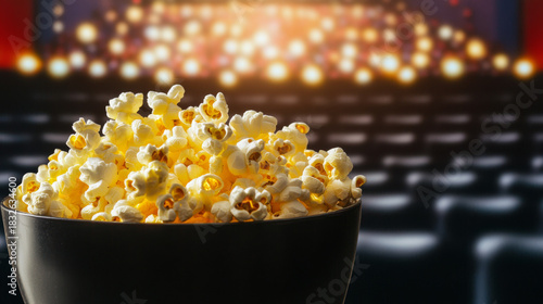 Delicious popcorn fills a bowl, ready for a movie night. Enjoy cinema snacks at home or in the theater.