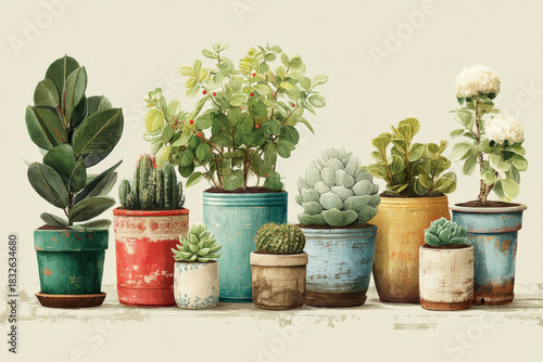 Wallpaper Mural Collection of Potted Plants: Ficus Elastica, Cacti, Succulents, and Flowering Plant in Colorful Vintage Pots Against a Cream Background Torontodigital.ca