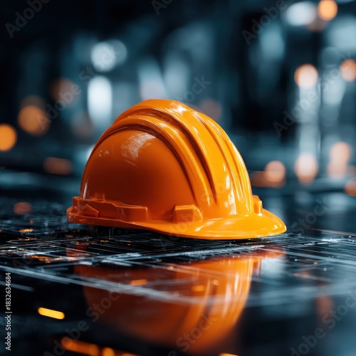 Orange safety helmet on reflective surface
