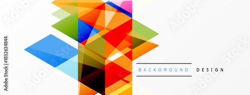 Abstract geometric shapes overlap, creating vibrant colorful composition. Modern design elements suggest innovation, energy.