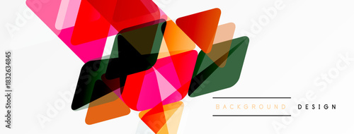 Abstract geometric shapes overlap, creating vibrant colorful design. White background provides clean contrast. Modern aesthetic.