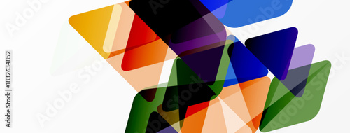 Abstract shapes overlap, creating vibrant color blends. Geometric forms suggest movement, depth, modern design.