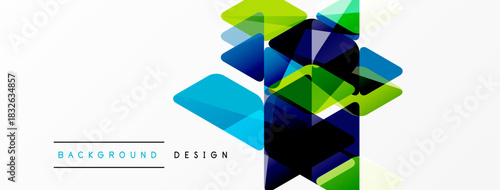 Abstract geometric shapes overlap, creating vibrant color composition. Modern design elements suggest innovation, technology. Clean aesthetic.