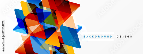 Abstract geometric shapes overlap, creating vibrant colorful design. White space provides clean contrast, modern aesthetic.