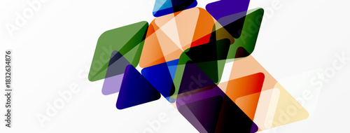 Abstract geometric shapes overlap, creating vibrant color blends. Triangles dominate composition, suggesting dynamism, energy.