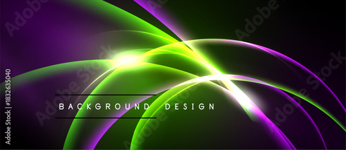Abstract background features vibrant curves, glowing lines. Purple, green hues dominate dark space. Modern design element.