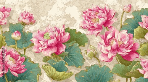 Pink Lotus Flowers And Green Leaves Against A Textured Background