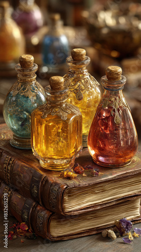 Wallpaper Mural Antique Glass Bottles with Colorful Liquids on Stacked Leather Bound Books, Vintage Potion Bottles, Alchemy, Magic, Fantasy Still Life Torontodigital.ca