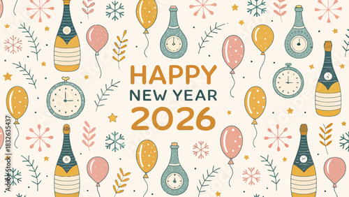 Festive vector pattern celebrating New Year with champagne, balloons, and confetti in a vibrant, celebratory style.