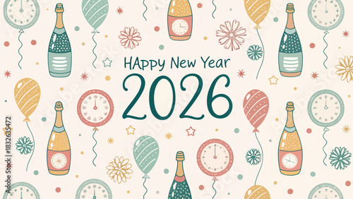 Festive vector pattern design featuring champagne, balloons, and confetti, perfect for New Year's Eve and celebratory backgrounds.