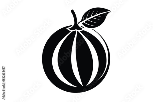 Silhouette depicts a stylized orange with distinctive segments and an accompanying leaf in monochrome