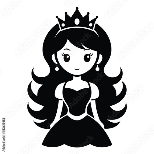 Black silhouette shows a cute princess wearing a crown and dress with earrings