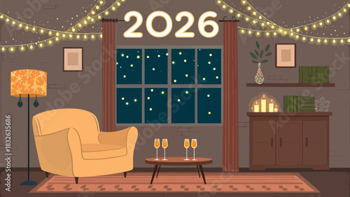Flat illustration of a cozy living room decorated for Christmas, featuring a decorated tree, gifts, and warm ambient lighting.