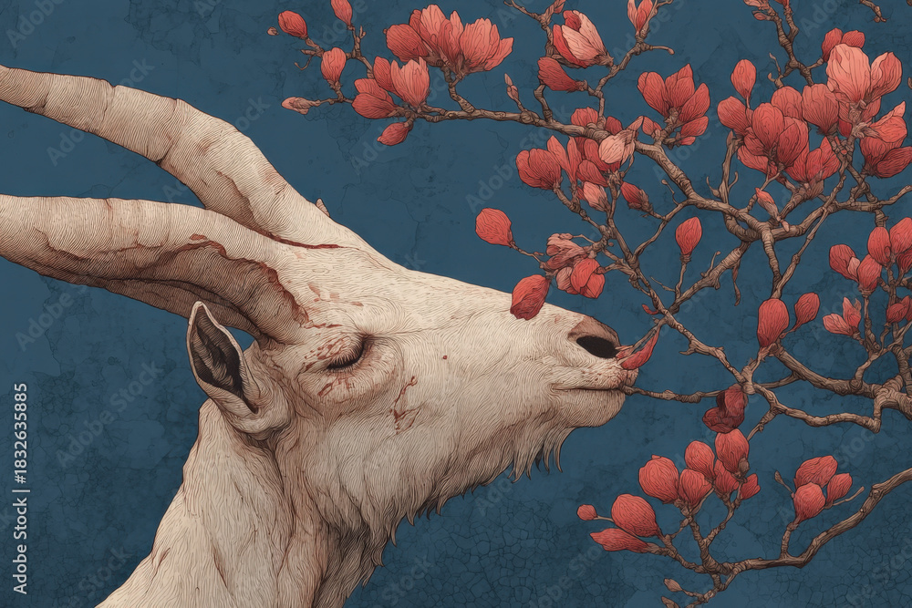 custom made wallpaper toronto digitalArtistic Illustration of a Mountain Goat Smelling Red Flowers on a Branch Against a Dark Blue Textured Background, Evoking a Sense of Peace and Harmony