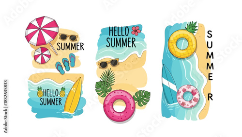 Summer Fun Beach Elements and Vacation Vibes Illustrated Set - Perfect for Social Media and Design