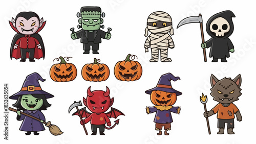 A delightful and spooky collection of cute cartoon Halloween characters and festive jack-o'-lanterns, perfect for seasonal designs and celebrations