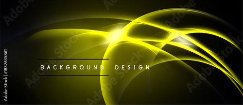 Abstract yellow waves over black background. Dynamic light effects create modern design element. Simple text labels bottom center.