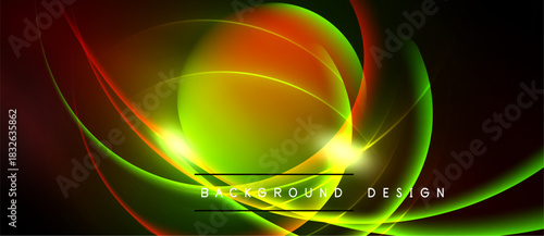 Dynamic abstract design features vibrant curves, glowing lines. Colors blendorange, green, redagainst dark backdrop. Modern aesthetic.