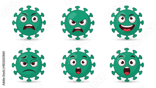 A collection of cartoon virus characters with various emotional facial expressions, including angry, happy, sad, and surprised emoticons
