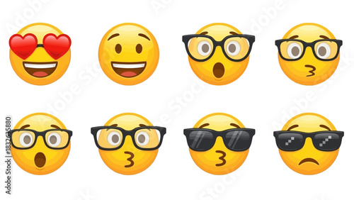 A collection of illustrated yellow emoji faces with different expressions and glasses, a concept for digital communication and social media reactions