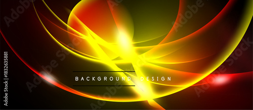 Abstract vibrant design. Glowing curves radiate from central point. Warm colors dominate, creating dynamic visual effect. Background is black.