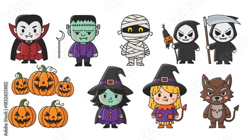 Cute Halloween Characters and Pumpkins Isolated on White Background for Spooky Fun