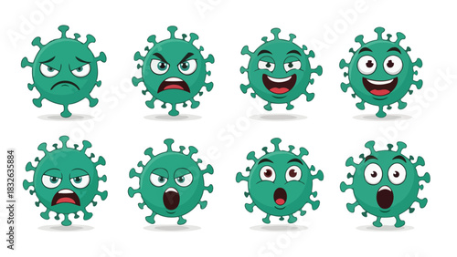 A collection of green virus cartoon characters with various facial expressions, an emoticon set for health and medical concepts