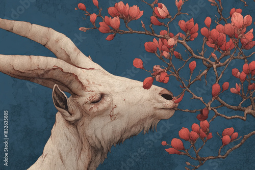 Wallpaper Mural Artistic Illustration of a Mountain Goat Smelling Red Flowers on a Branch Against a Dark Blue Textured Background, Evoking a Sense of Peace and Harmony Torontodigital.ca