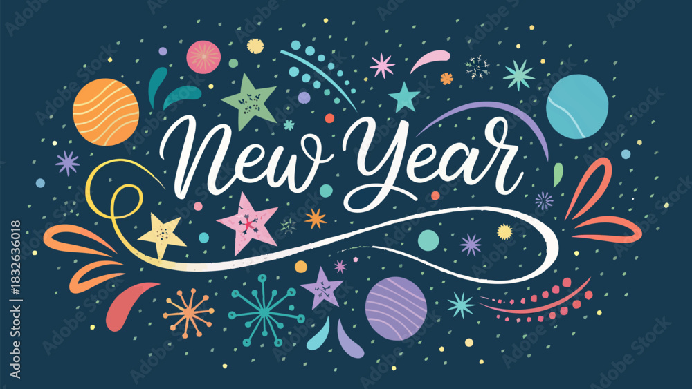 Naklejka premium Fun, celebratory New Year 2026 vector artwork with abstract geometric shapes and bright, energetic colors, symbolizing a vibrant start.