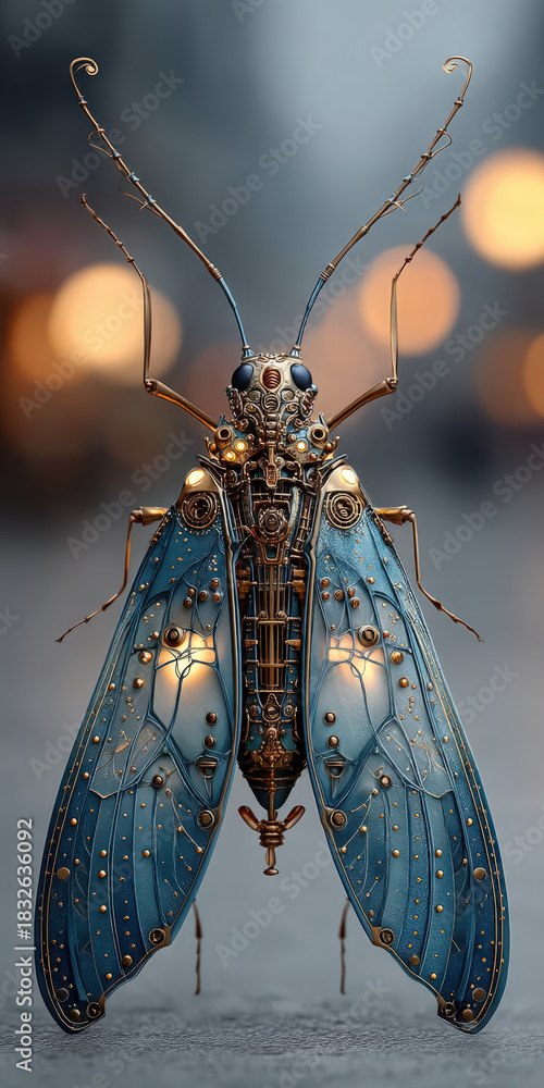 custom made wallpaper toronto digitalIntricate Steampunk Insect with Blue Wings and Golden Accents, Detailed Mechanical Design, Fantasy Creature Illustration, Futuristic Bug, Ornate and Artistic