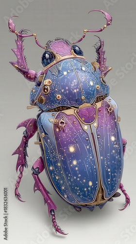 Wallpaper Mural Fantasy Beetle Illustration with Intricate Details, Purple and Blue Color Palette, and Golden Accents, Isolated on a Neutral Background, for Fantasy Torontodigital.ca