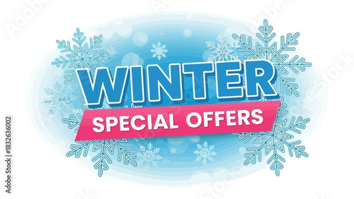 Festive advertising banner for seasonal winter shopping, featuring cold blue ice crystal snowflakes and a pink ribbon for promotions