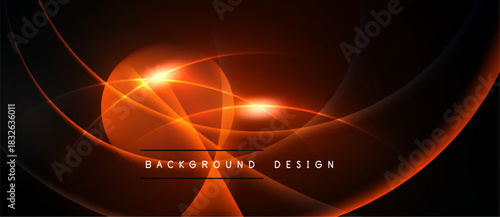 Abstract dark background features orange glowing curves, lines, bright light effects. Text reads background design. Modern, dynamic visual.