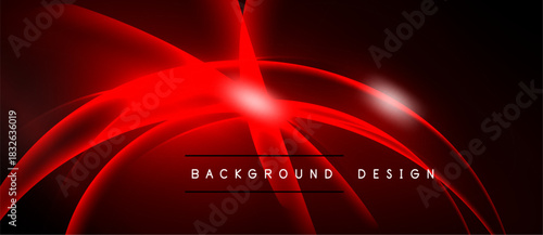 Dynamic red curves radiate from central point. Dark background enhances vibrant design. Text reads background design. Modern aesthetic.