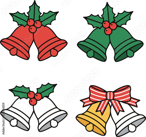 A set of four charming cartoon Christmas bells, paired and adorned with festive elements like holly, berries, and a striped bow, in various colors.
