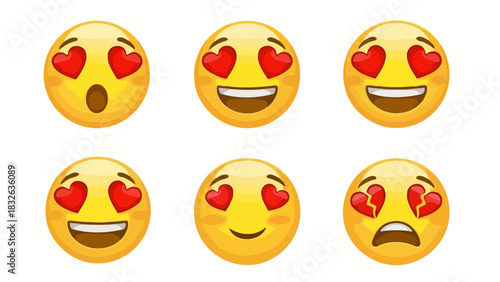 Various Cute Emoji Set with Heart Eyes and Different Expressions for Social Media