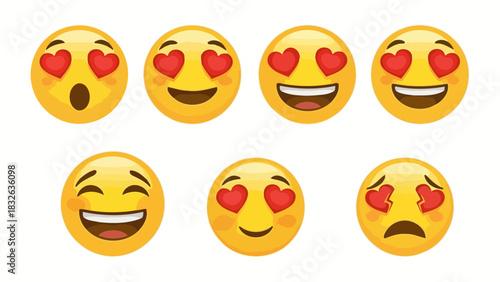 Collection of expressive love face emoticons with heart eyes showcasing diverse emotions