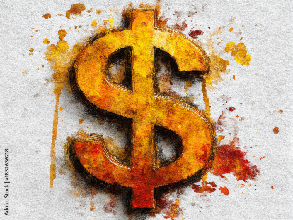 custom made wallpaper toronto digitalWatercolor Dollar Sign Illustration on Textured Paper, Financial Concept Art with Golden and Red Hues, Artistic Money Symbol