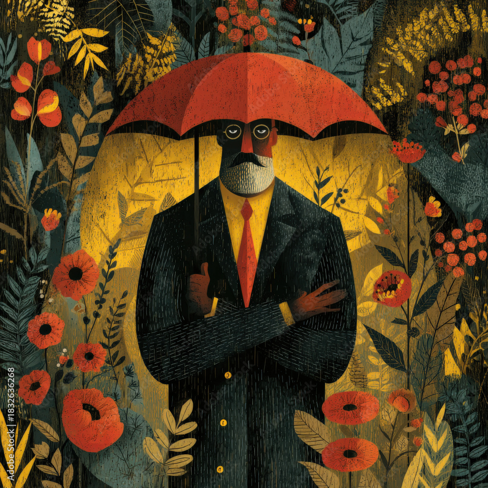 custom made wallpaper toronto digitalStylized Illustration of a Man with Umbrella in a Floral Setting, Featuring Rich Colors and Textural Details, Suitable for Editorial or Creative Projects