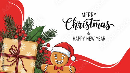 Merry Christmas and Happy New Year Greeting Card with Gingerbread Man and Gift Box Illustration
