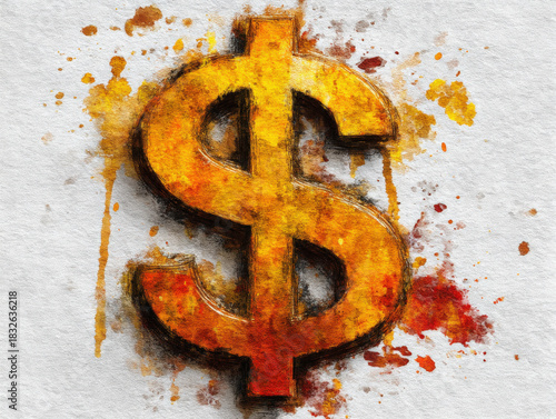 Wallpaper Mural Watercolor Dollar Sign Illustration on Textured Paper, Financial Concept Art with Golden and Red Hues, Artistic Money Symbol Torontodigital.ca