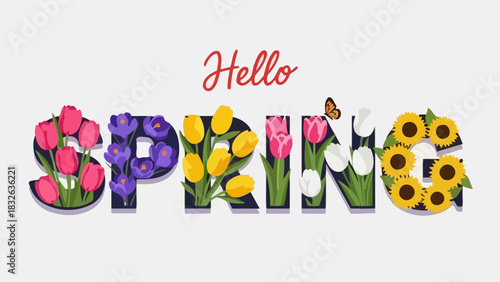 Colorful 'Hello Spring' Floral Typography Illustration Blooming Flowers, Butterflies, and Positive Vibes