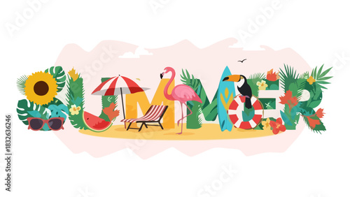 Vibrant Summer Typography Design with Tropical Flora, Exotic Birds, and Beach Vacation Elements, Capturing the Essence of a Sunny Holiday Season