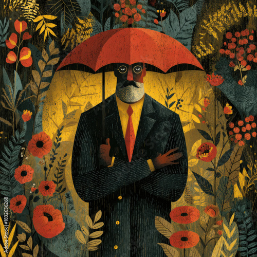 Wallpaper Mural Stylized Illustration of a Man with Umbrella in a Floral Setting, Featuring Rich Colors and Textural Details, Suitable for Editorial or Creative Projects Torontodigital.ca