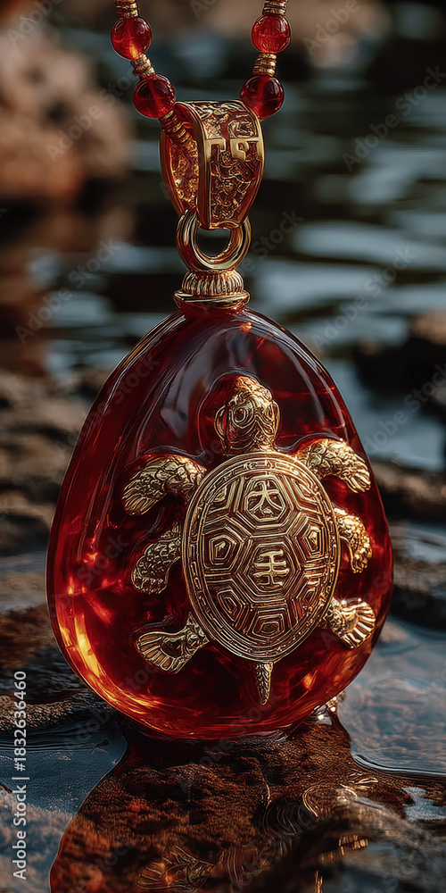 custom made wallpaper toronto digitalElegant Red and Gold Turtle Pendant Necklace with Intricate Details, Symbolizing Longevity and Good Fortune, Displayed on Natural Rock and Water Background