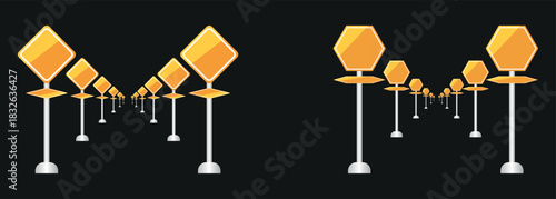 A set of four Set of colors road traffic signs: rectangle, circle, template for warning message, direction guide. minimalist road traffic signs with different shapes and colors. 