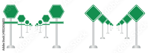 Creative vector illustration of road warning sign. Traffic lights with red, green and yellow colors. Realistic Colorful road sign set. Empty traffic banners and blank road signs.